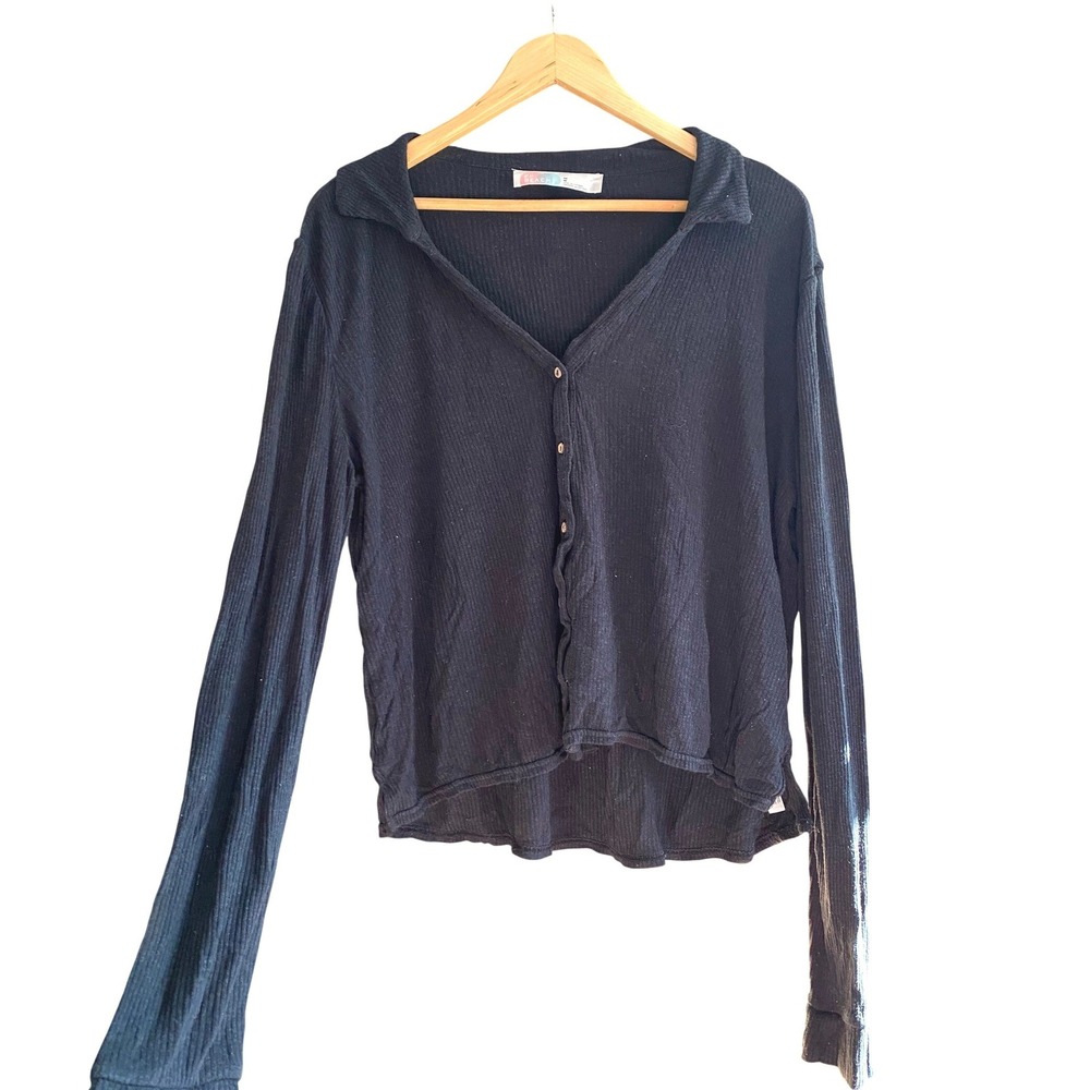 Free People Rib Knit Button Up Black Top Medium Cozy Normcore‎ Boho Femme Work